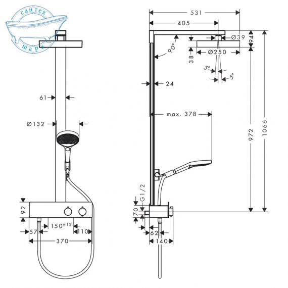 Душевая система с термостатом Hansgrohe Pulsify Showerpipe 250 EcoSmart черный матовый 28742670 - фото 2