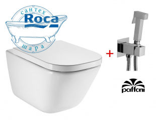 Унитаз подвесной Roca Gap Clean Rim A34H47C000 с сиденьям Slow-closing + Гигиенический душ Paffoni Tweet Square Mix ZDUP112CR